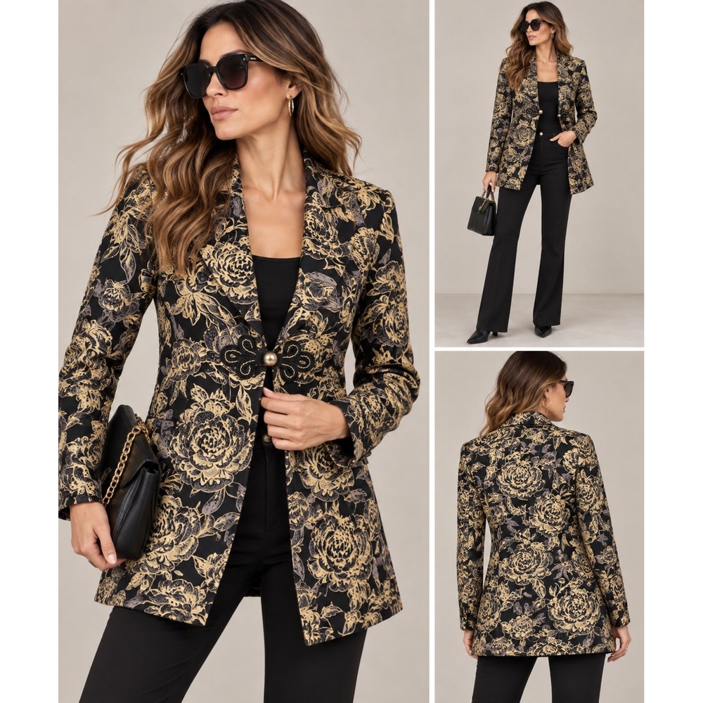 Soft Surroundings Black Gold Floral Jacquard Frog Closure Blazer Jacket Small